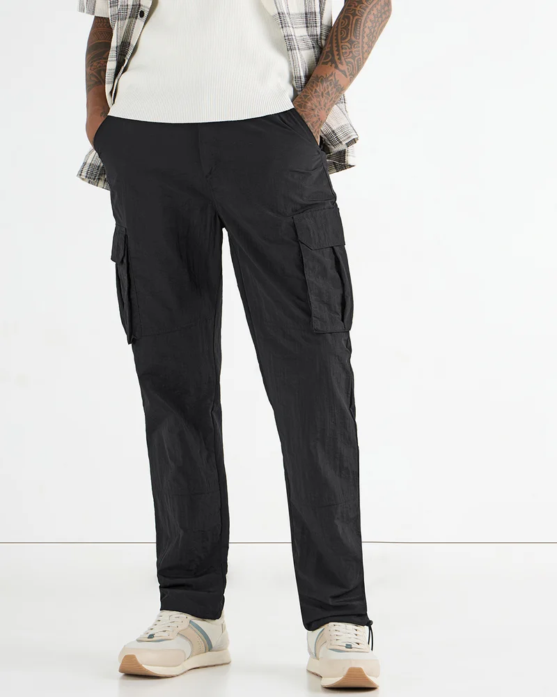 بيواكوف Men's Jet Black Nylon Cargo Parachute Pants